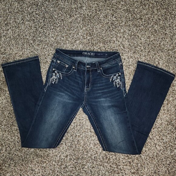 Grace in LA Women’s Easy Fit Mid-Rise Bootcut Jeans Feather Embroidery Bling Siz - Picture 2 of 14